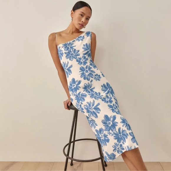 Reformation Large Chandelier Floral Midi Dress Celestia‎ Blue Floral Ivory - Picture 6 of 12